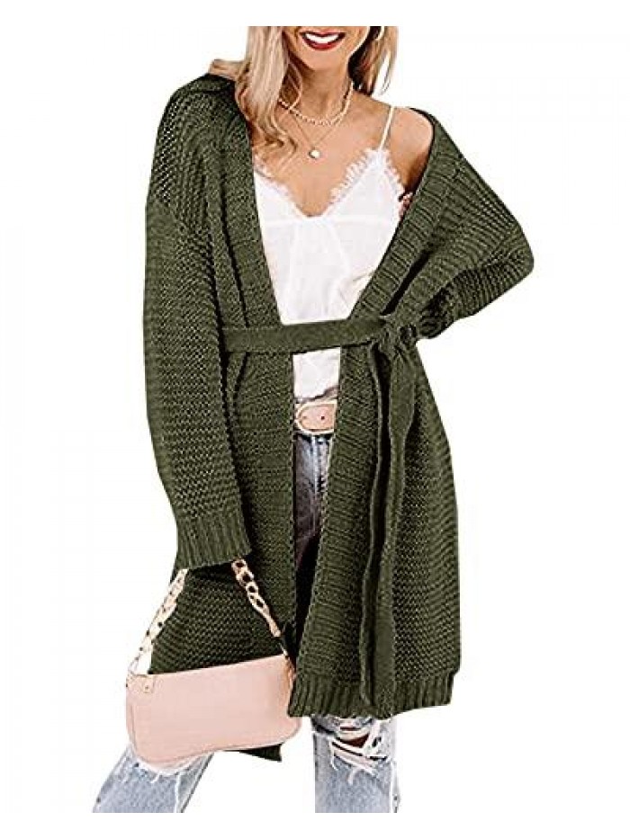 Plus Size Open Front Chunky Knit Long Cardigans Long Sleeve Tie Waist Casual Loose Sweaters 