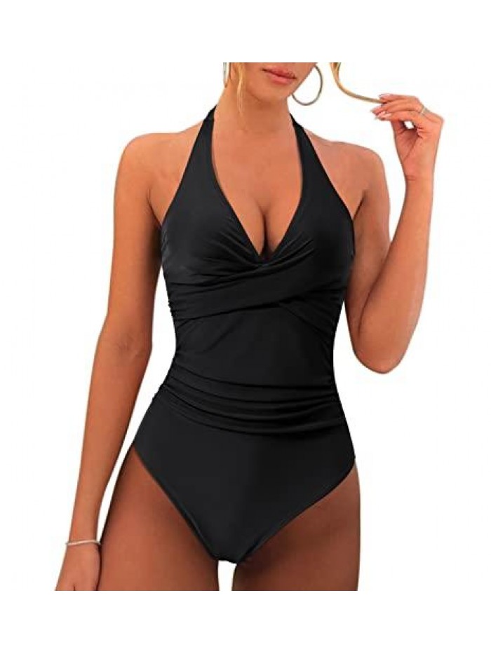 Women V Neck Wrap One Piece Swimsuit Halter Ruched Tummy Control Bathing Suit 