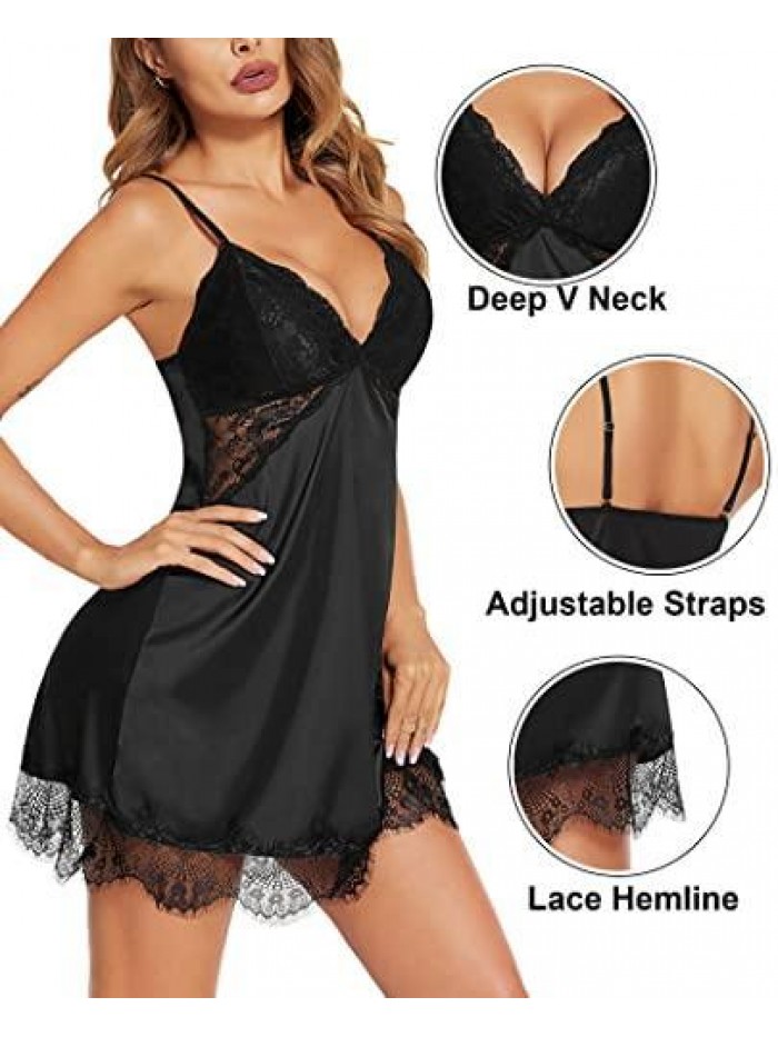 Satin Chemise Womens Sexy Nightgown Lace Nighty Lingerie V Neck Slip Sleep Dress Silk Babydoll Sleepwear S-XXL 