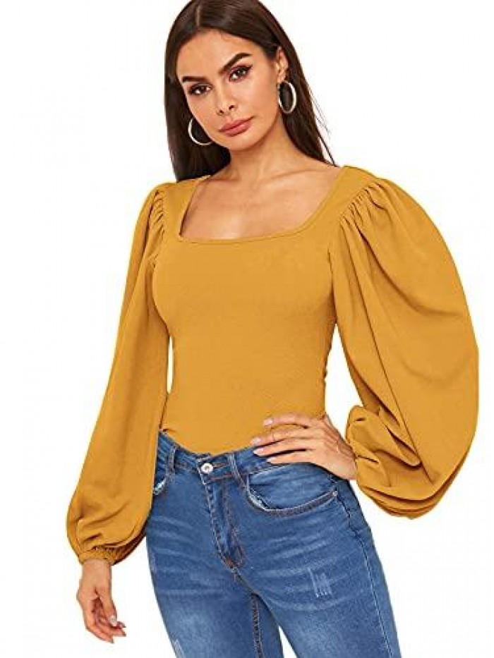 Women's Long Puff Sleeve Square Neck Slim Fit Crop Tops Blouse Sweatshirt 