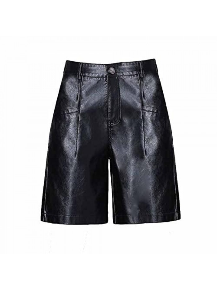 Fashion PU Leather Shorts Women's Autumn Winter High Waist Loose Five Points Leather Trouser Plus Size Shorts 