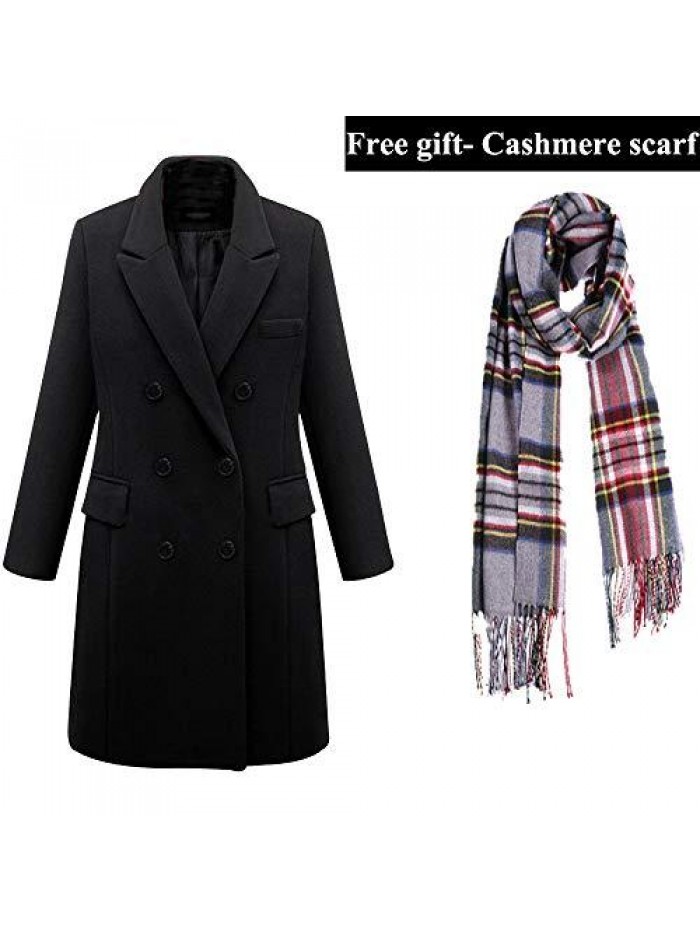 Women's Notched Lapel Wool Coat Double Breasted Long Trench Jacket Winter Pea Coat with Cashmere Scarf 