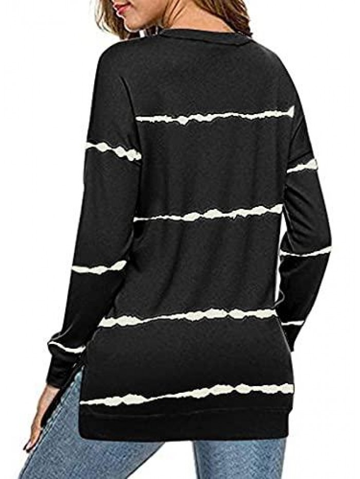 Womens Casual Crewneck Tie Dye Sweatshirt Striped Printed Loose Soft Long Sleeve Pullover Tops Shirts 