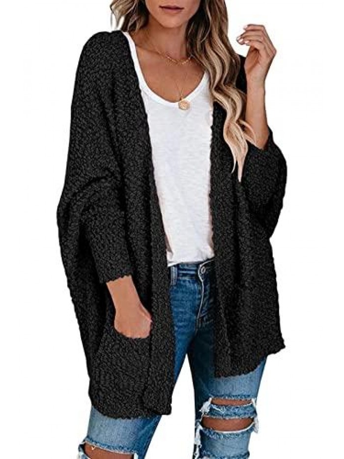 Women's Fuzzy Popcorn Batwing Sleeve Cardigan Knit Oversized Sherpa Sweater Coat 
