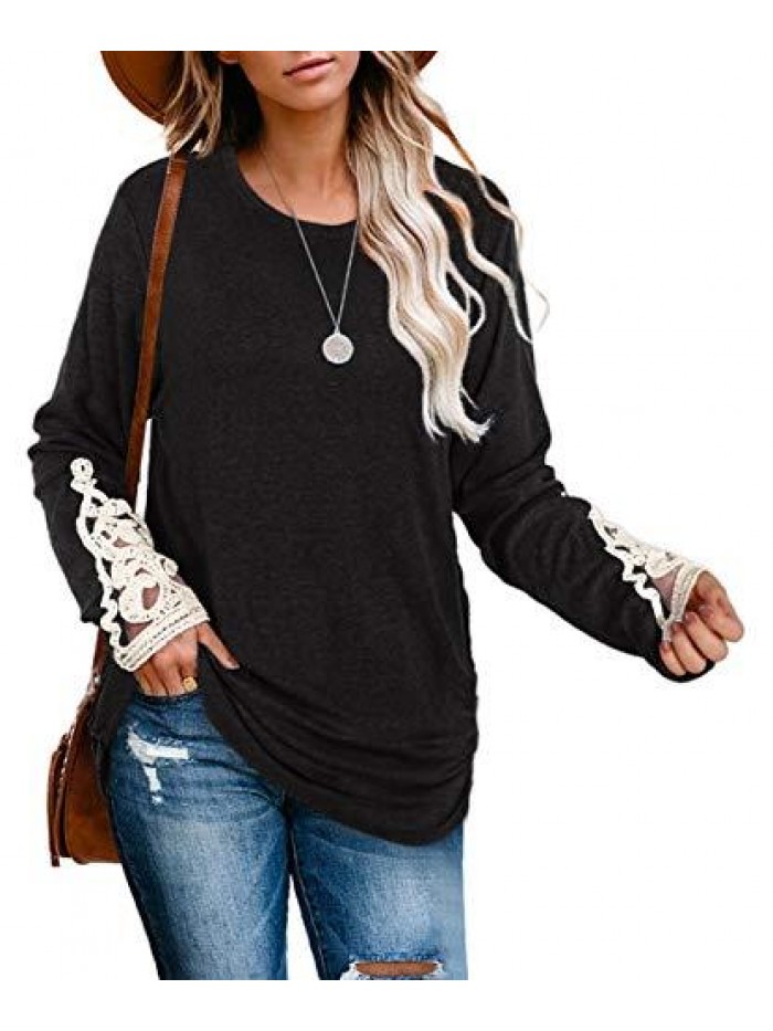 Long Sleeve Shirts for Women Casual Round Neck Lace Ruched Tunic Tops 