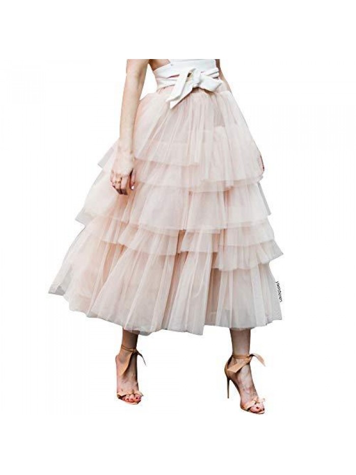 Women's Nude Pink/Black Tiered Layered Mesh Ballet Prom Party Tulle Tutu A-line Midi Skirt 