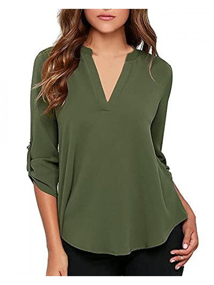 Women's Business Casual V Neck Cuffed Sleeves Chiffon Work Blouse Top 