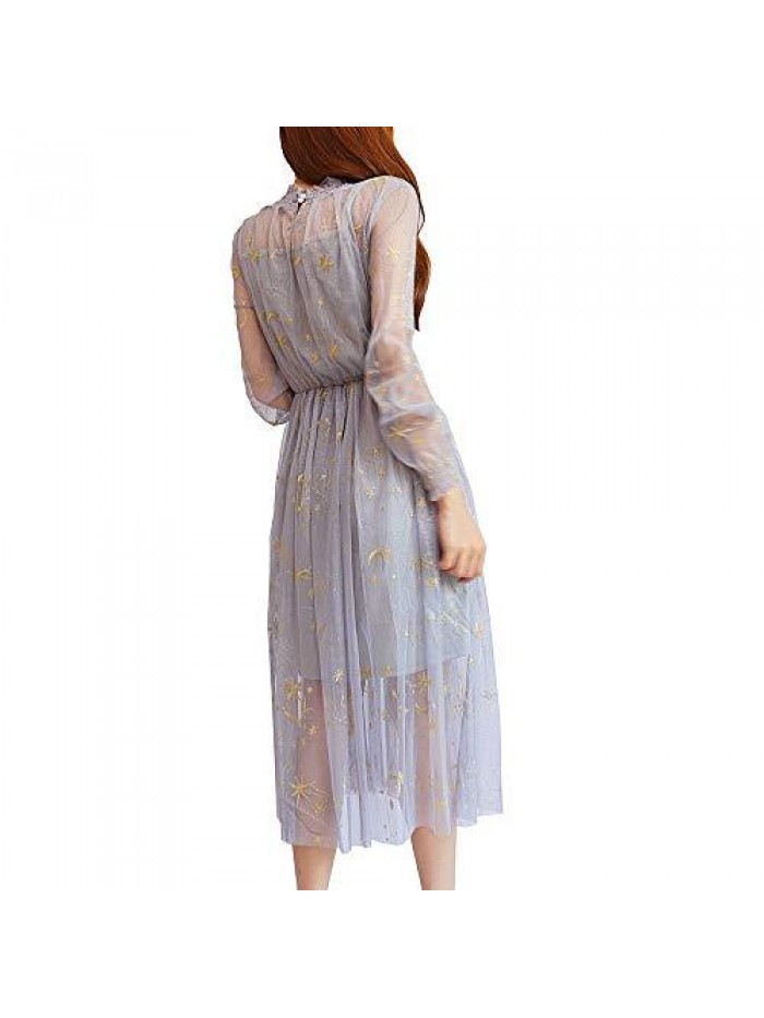Women Summer Chiffon Dress Stars Moon Print Embroidered Skirt Long Puff Sleeve Princess Dress 