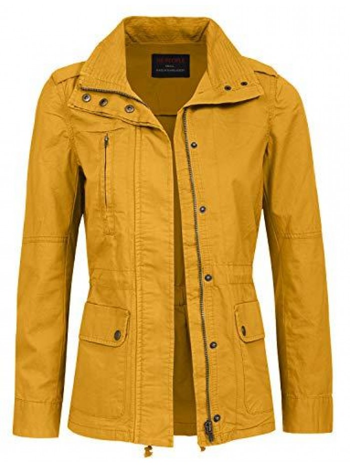 PEOPLE Women’s Military Jacket – Anorak Utility Safari Long Sleeve Lightweight Casual Snap Button Stand Collar Parka Coat 