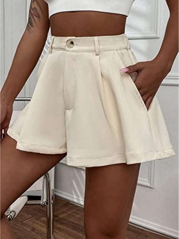 Women's Solid High Waisted Wide Leg Casual Pleated Shorts with Pocket 