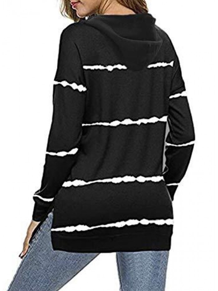 Womens Casual Hoodie Striped Printed Sweatshirts Long Sleeve Drawstring Pullover Tops Shirts 