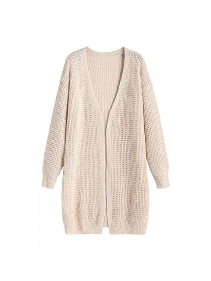 Women's Long Sleeve Casual Waffle Knit Open Front Cardigan Pointelle Loose Boho Solid Sweater Blouses Coat Outwear 