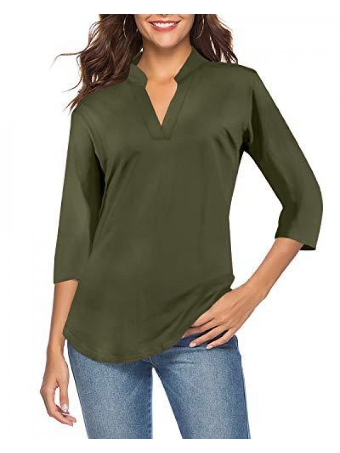 Women's 3/4 Sleeve V Neck Tops Casual Tunic Blouse Loose Shirt 