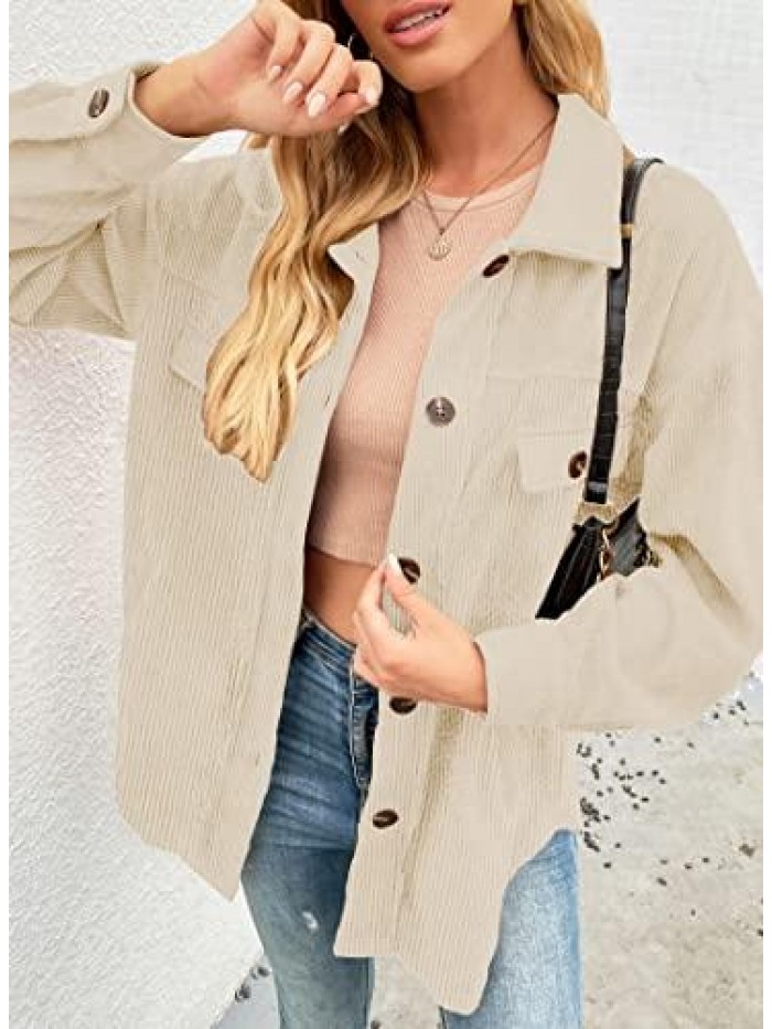 Womens Corduroy Shacket Blouses Button Down Shirts Pocket Long Sleeves Tops Jacket Coats 