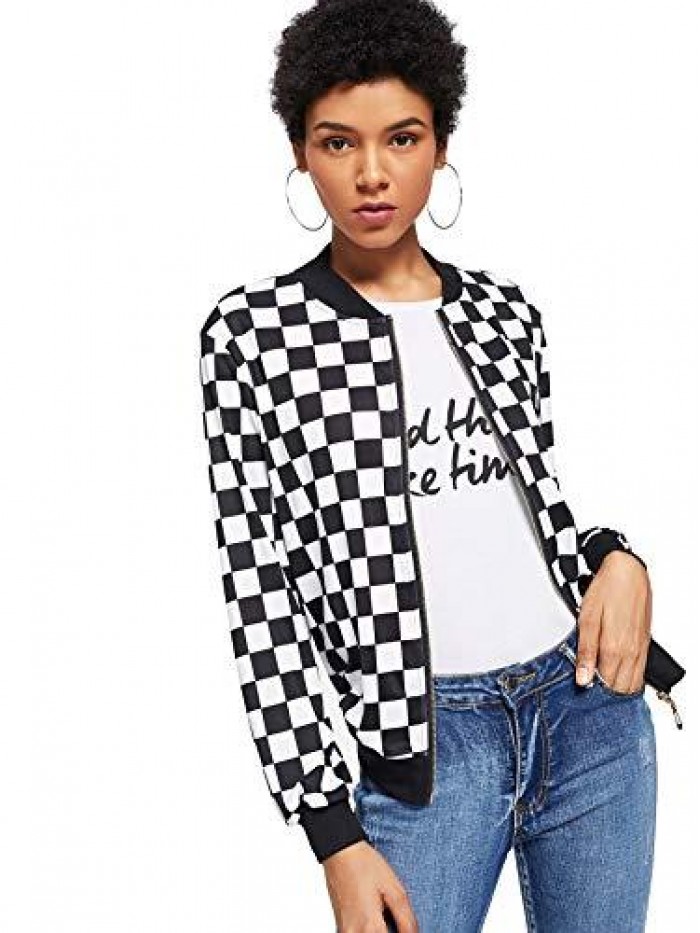 Women's Zip Front Plaid Print Long Sleeve Stand Collar Casual Jacket 