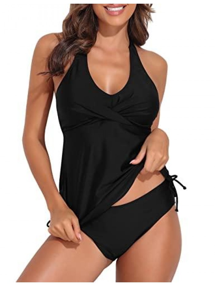 Women's Ruched Two Piece Bathing Suits Tummy Control Swimwear Halter Tankini Swimsuits V Neck Swim Top with Shorts 