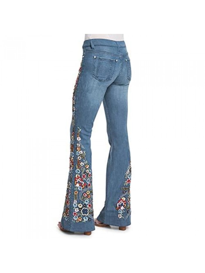 Bottom Flare Jeans for Womens Chic Floral Embroidered Broad Feet Denim Pants Girls Trend Straight Leg Jeans  