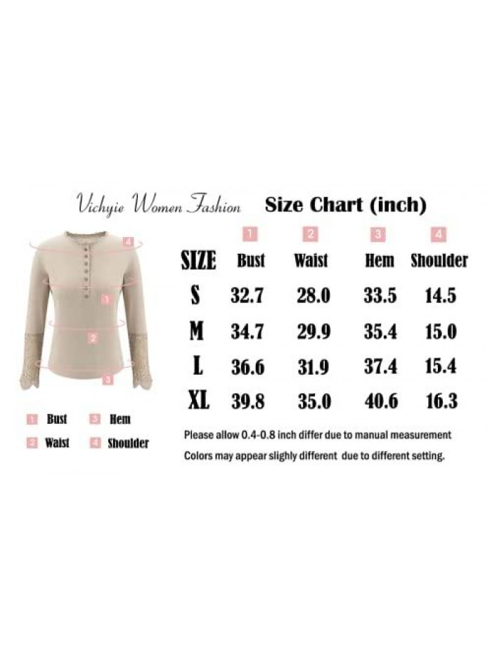 Womens Ribbed Knit Henley Long Sleeves Tunic Lace Tops V Neck Button Shirts Casual Slim Fit Blouses 