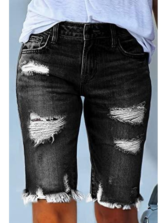 Women Bermuda Shorts Denim Destroyed Raw Hem Shorts Jeans 