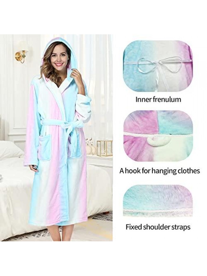 Womens Long Robes Plush Fleece Nightgown Thick Plus Size Hooded Bathrobe with Pockets Fluffy Sleepwear for Men 