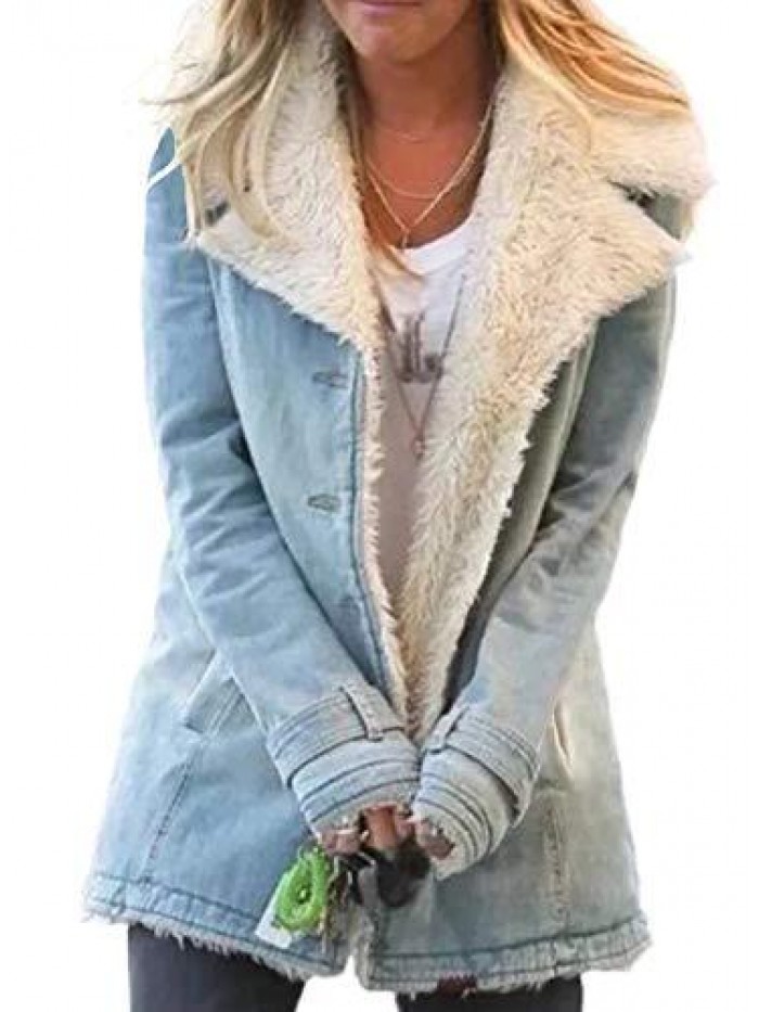Women Denim Faux Fur Long Sleeve Lapel Collar Oversized Coat Outwear 