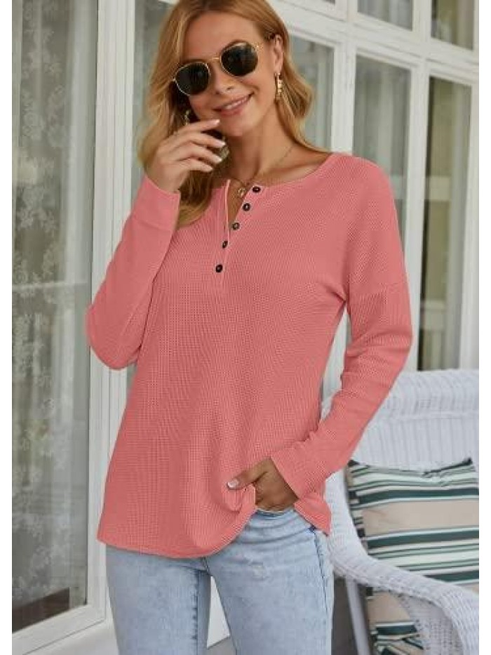 Women's Waffle Knit Tunic Tops Loose Long Sleeve Button Up V Neck Henley Shirts 