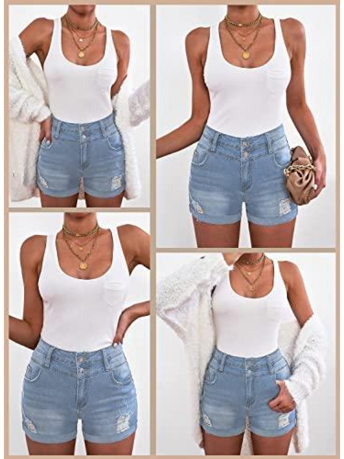 Womens High Rise Front Buttons Ripped Rolled Hem Casual Denim Jeans Shorts 