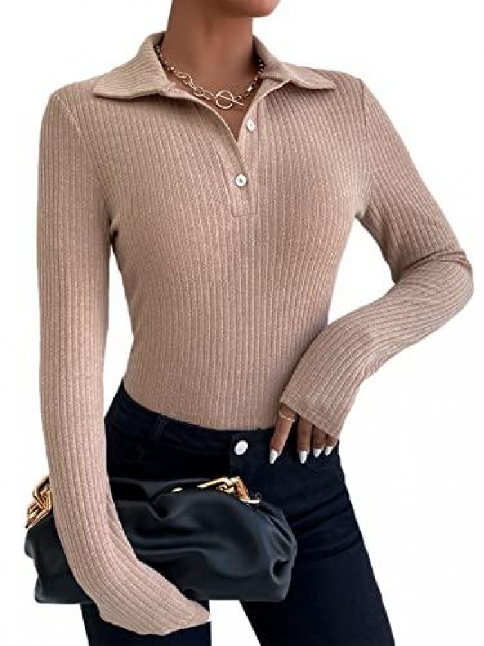 Women's Casual Button Front Long Sleeve Ribbed Polo Shirt Tee Top 