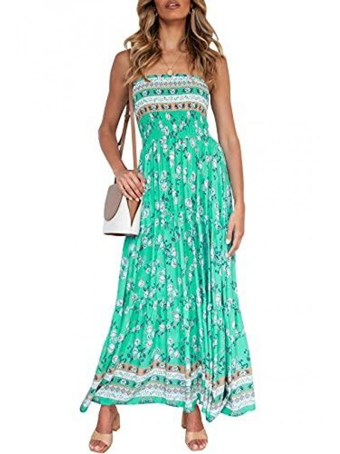 ZESICA Women's Summer Bohemian Floral Printed Strapless Beach Party Long Maxi Dress