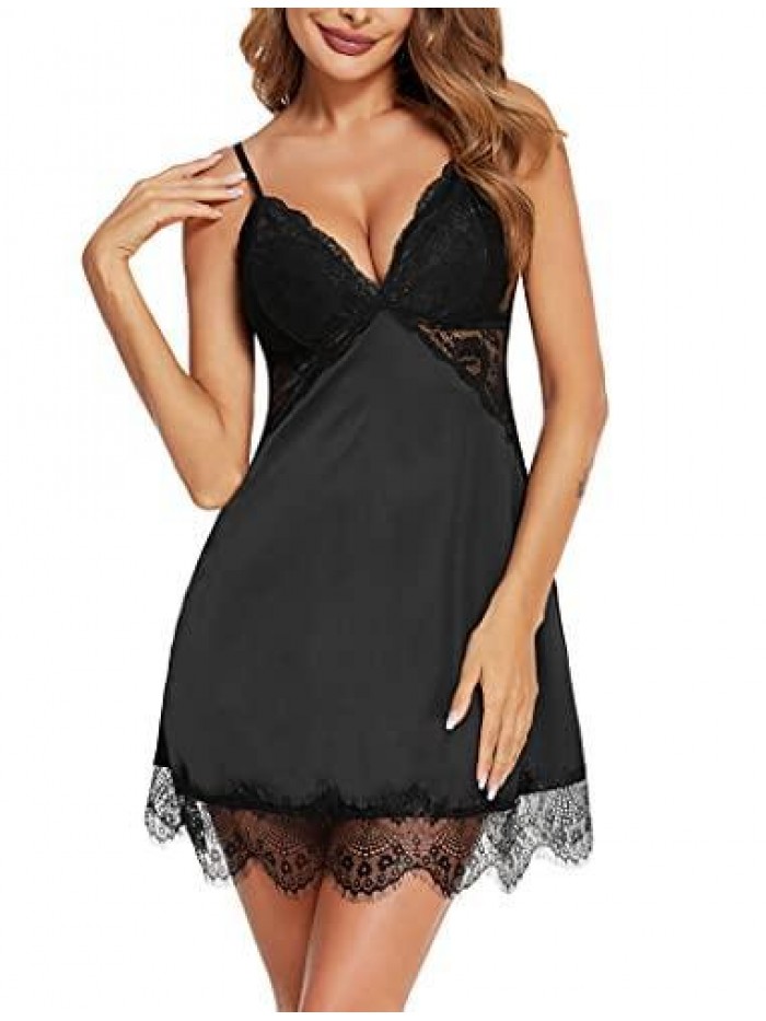 Satin Chemise Womens Sexy Nightgown Lace Nighty Lingerie V Neck Slip Sleep Dress Silk Babydoll Sleepwear S-XXL 