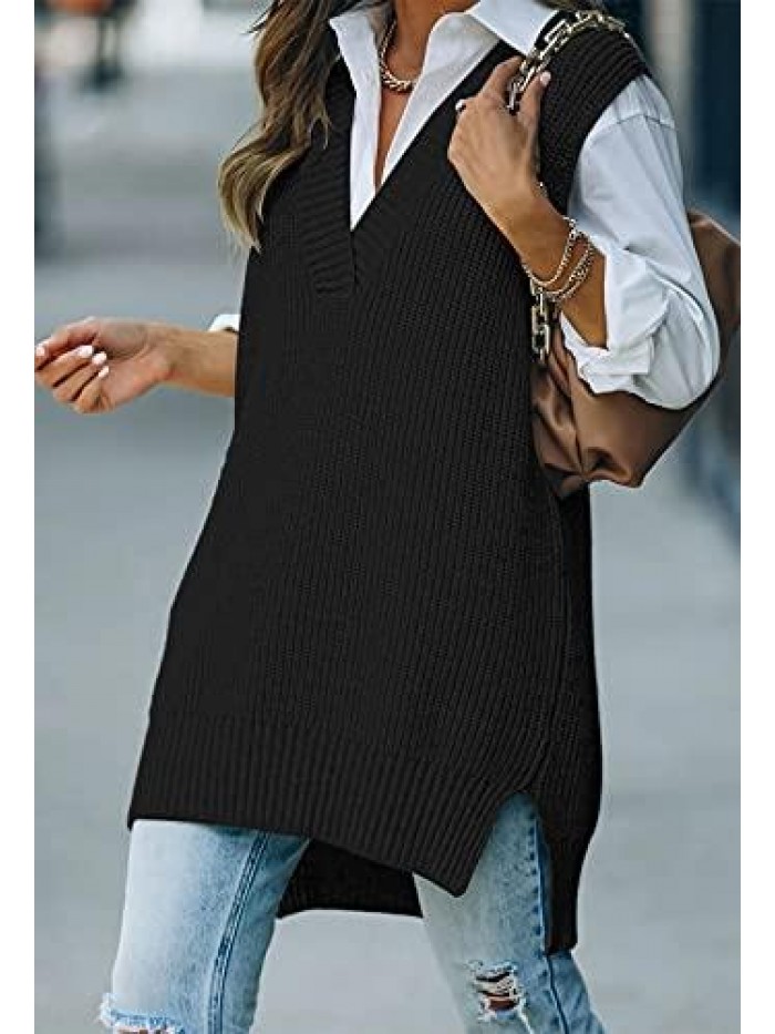 Women's Sweater Vest Chunky Knit Tops V Neck Sleeveless Pullover Sweater 