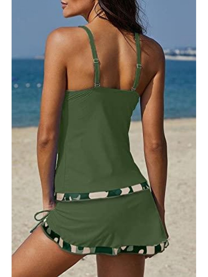 Sexy Tankini Swimsuits with Skirt 2 Piece Swimwear Color Block Bathing Suits for Women 