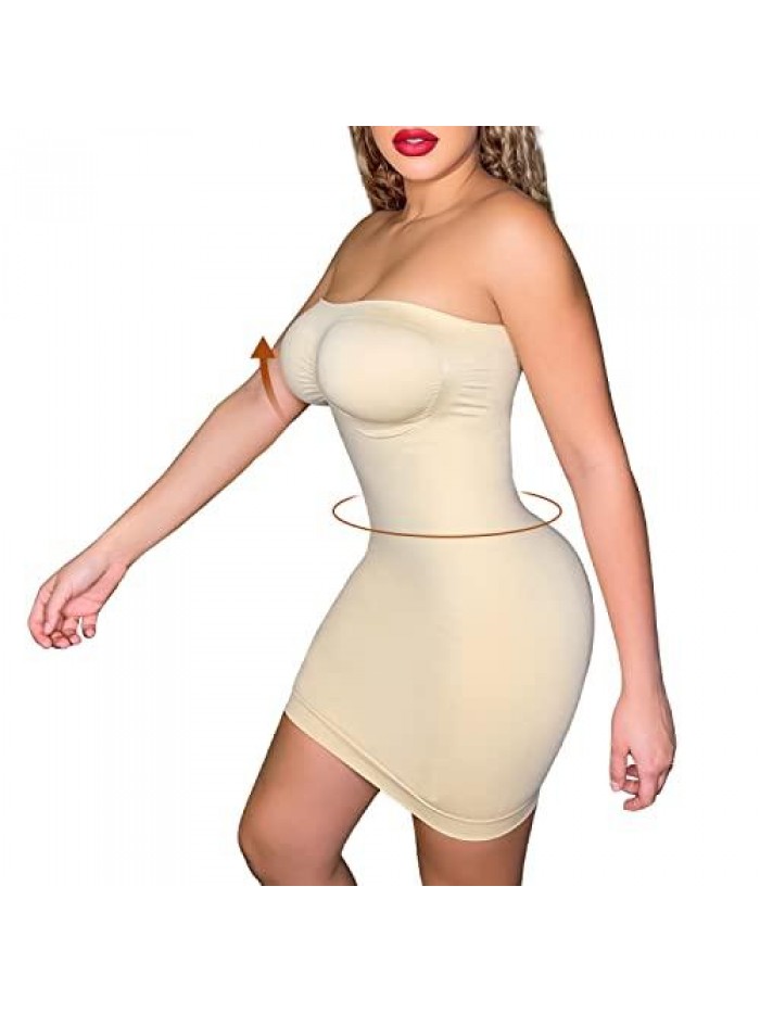 Women's Strapless Shapewear Slip Under Dress Seamless Tummy Control Full Body Slip Shaper Nude 