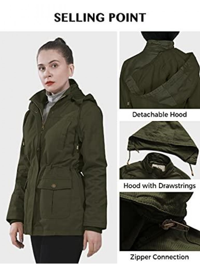 Women's Cotton Military Coat Lightweight Casual Anorak Jacket with Detachable Hood 
