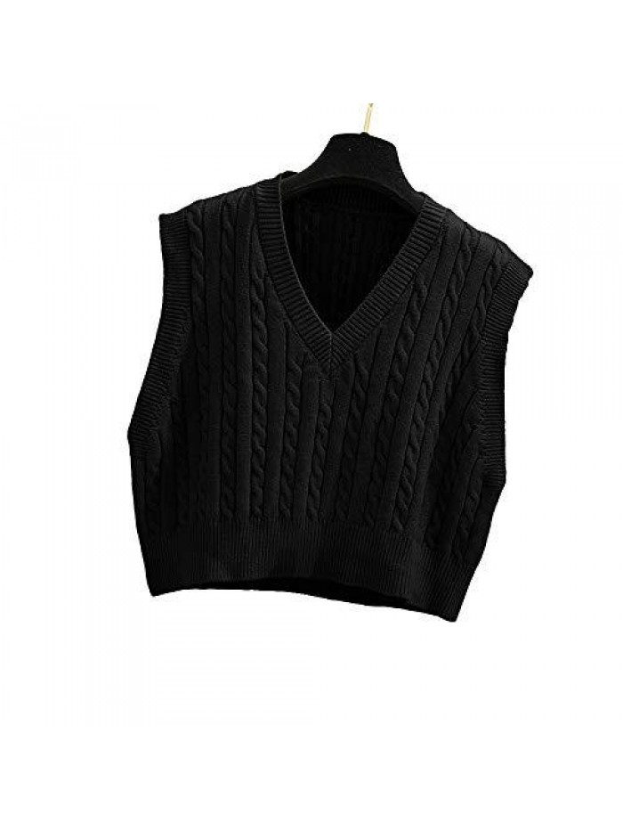 Women's V-Neck Knit Sweater Vest Solid Color Argyle Plaid Preppy Style Sleeveless Crop Knit Vest 