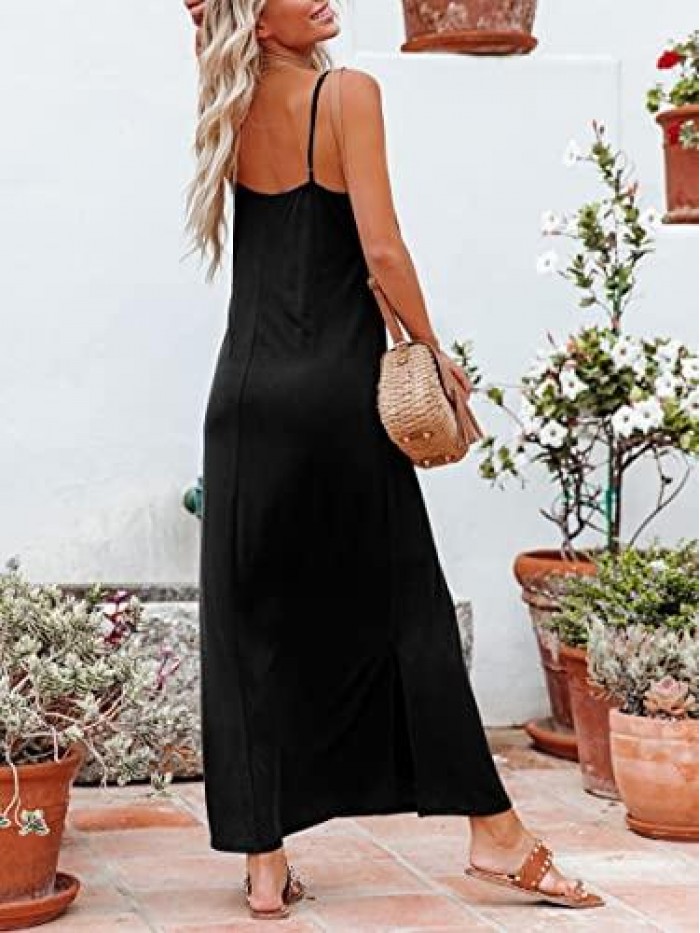 Women's Casual Sleeveless Deep V Neck Summer Beach Long Cami Maxi Dress Adjustable Spaghetti Strap 