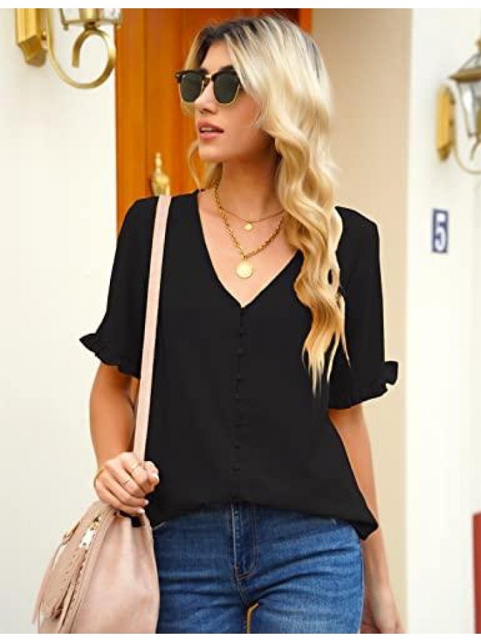 Women's Casual Tops Short Sleeve V Neck Button Down Blouses Summer Shirts 