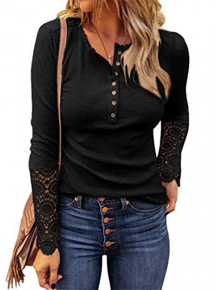 Womens Ribbed Knit Henley Long Sleeves Tunic Lace Tops V Neck Button Shirts Casual Slim Fit Blouses 