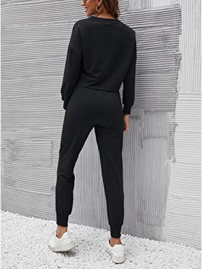 Suits for Womens 2 Piece Workout Sets Long Sleeve Crop Tops Sweatpants Set Tracksuits Outfits Matching Clothing 