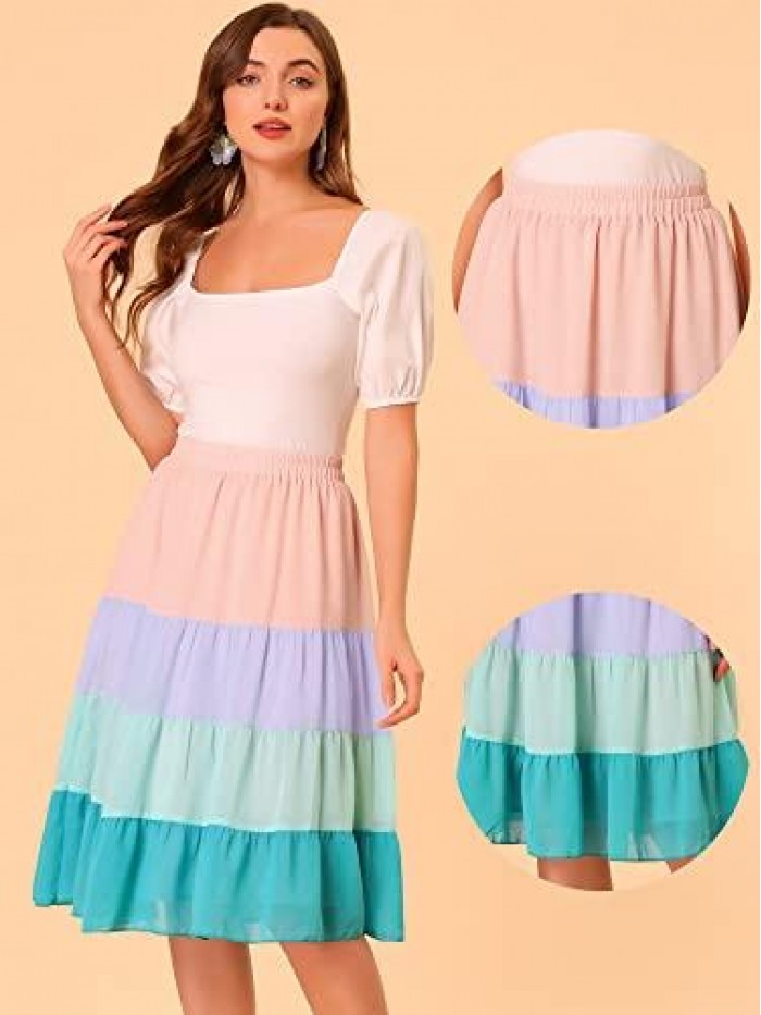 K Tiered Skirt for Women's Chiffon Summer Elegant High Waist Color Block Skirt 