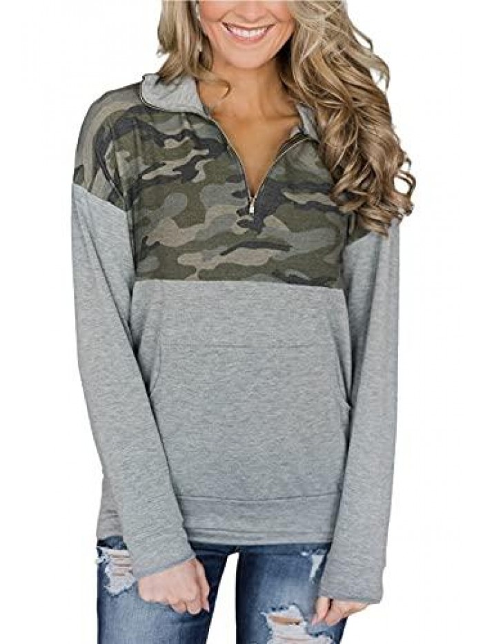 Women Sweatshirt Casual Long Sleeve Quarter Zip Color Block Pullover Tunic Tops With Pockets(S-XXL) 