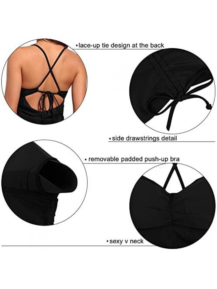 Tankini Swimsuits for Women with Shorts Strappy Back Two Piece Bathing Suit Drawstring Ruched Tummy Control Swimwear 
