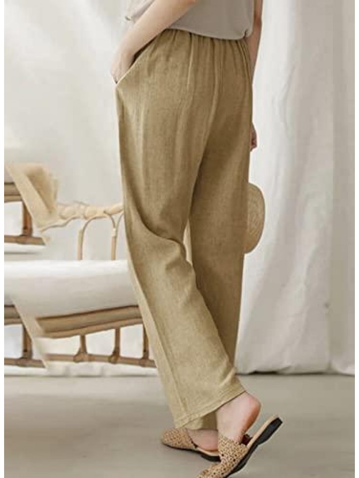 Womens Fashion Linen Drawstring Tie Elastic Waist Loose Capri Jogger Cargo Pants Wide Leg Long Trousers Sweatpants 