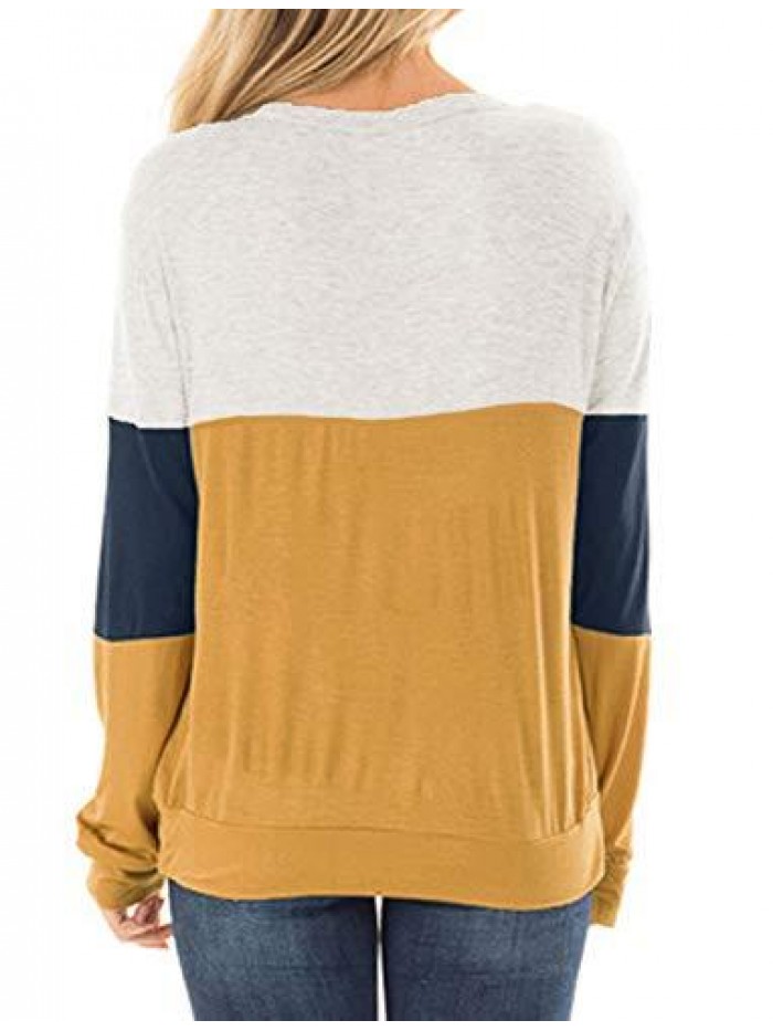 Women's Long Sleeve Tunics Color Block Cutout Sweatshirt Loose Fit Tops 
