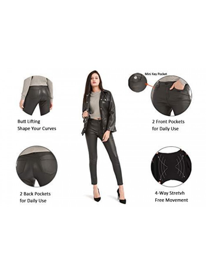 Women's Faux Leather Pants, Skinny Stretch Pants with Pockets, Work Casual Pants for Women 