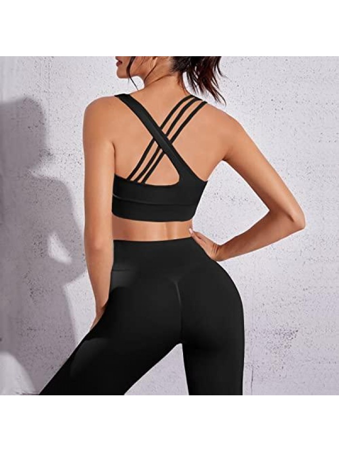 Workout Sets for Women Cross Strap Sport Bra Curved Waist Yoga Leggings Sets 2 Piece Gym Exercise Outfits 