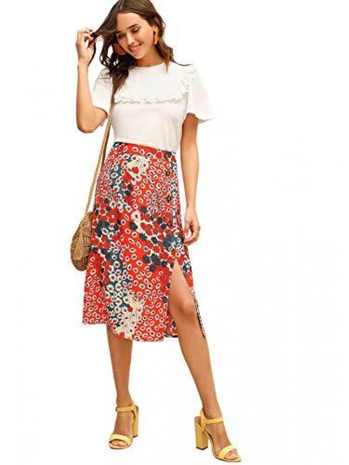 Women's Boho Floral High Waist Split A Line Midi Skirt 
