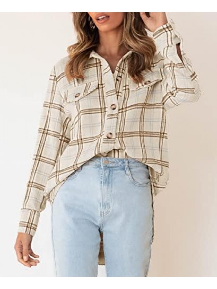 Women's Casual Long Sleeve Plaid Button Down Oversized Shirt Shacket Jacket Coat Outerwear with Pockets 
