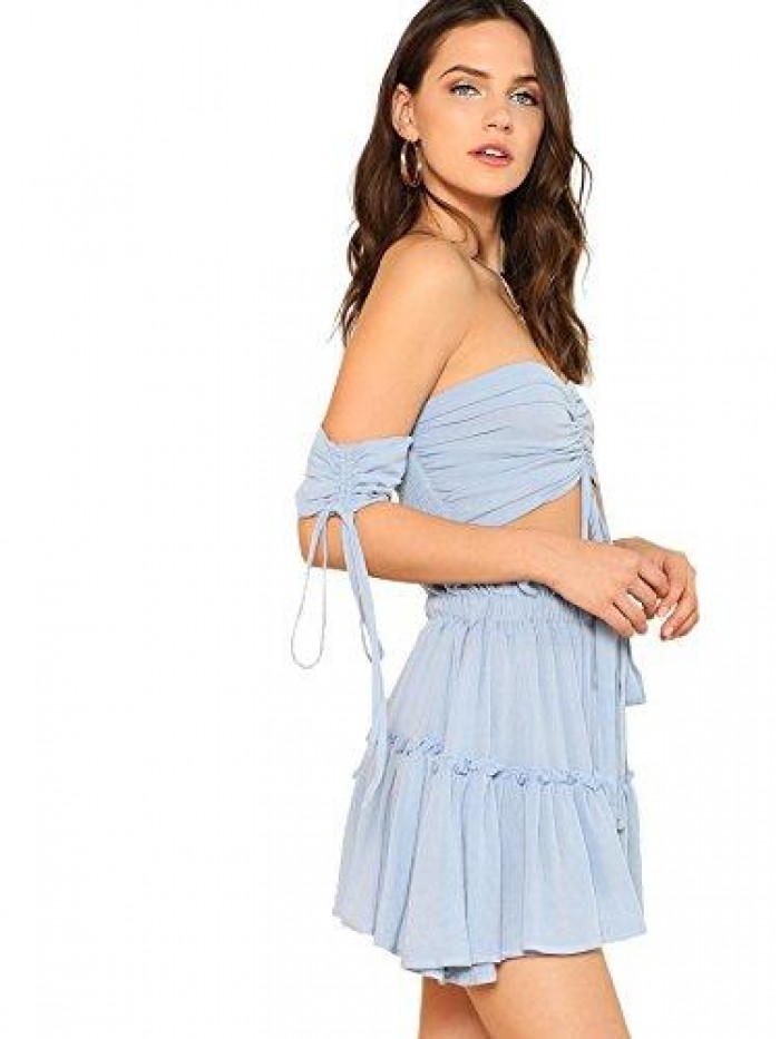 Women's Two Piece Outfit Off Shoulder Drawstring Crop Top and Skirt Set 