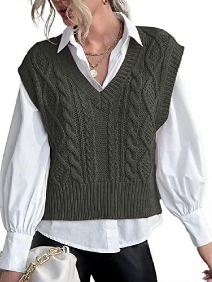 Womens V Neck Sweater Vest Sleeveless Pullover Crop Sweater Vest 